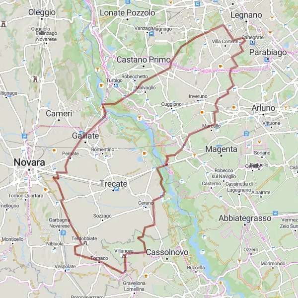 Mapa miniatúra "Gravelová cesta cez Furato, Boffalora sopra Ticino a Galliate" cyklistická inšpirácia v Lombardia, Italy. Vygenerované cyklistickým plánovačom trás Tarmacs.app