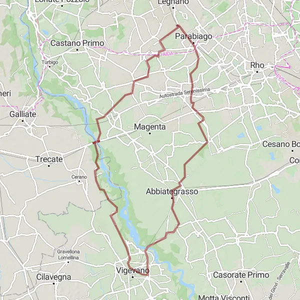 Miniatuurkaart van de fietsinspiratie "Gravelroute van Parabiago naar Canegrate" in Lombardia, Italy. Gemaakt door de Tarmacs.app fietsrouteplanner