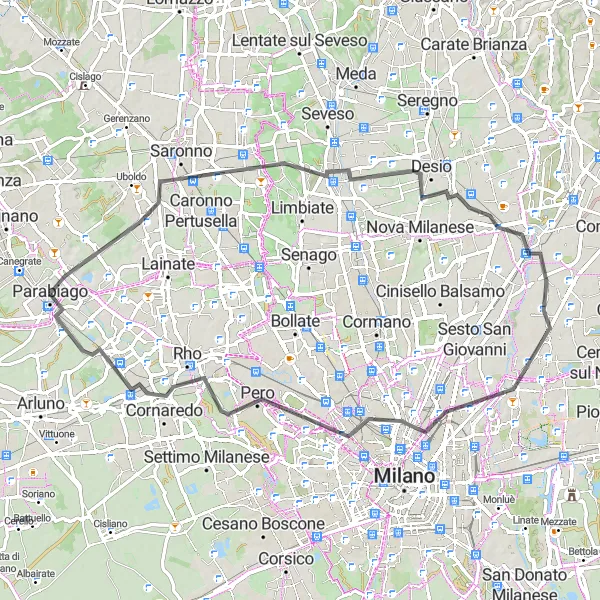 Miniatura della mappa di ispirazione al ciclismo "Giro in bicicletta da Canegrate a Monza" nella regione di Lombardia, Italy. Generata da Tarmacs.app, pianificatore di rotte ciclistiche