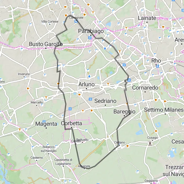 Miniatura della mappa di ispirazione al ciclismo "Ciclismo rurale a Parabiago e dintorni" nella regione di Lombardia, Italy. Generata da Tarmacs.app, pianificatore di rotte ciclistiche