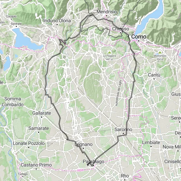Karttaminiaatyyri "Haastava reitti Canegratesta Bregnanoon" pyöräilyinspiraatiosta alueella Lombardia, Italy. Luotu Tarmacs.app pyöräilyreittisuunnittelijalla