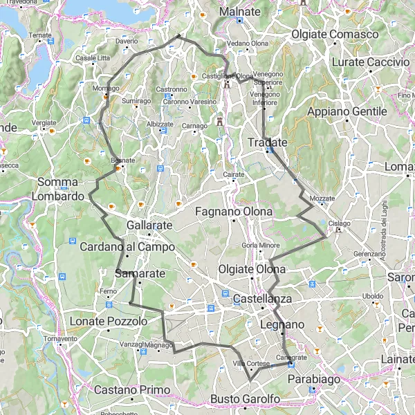 Miniatua del mapa de inspiración ciclista "Ruta de 83 km en Casorate Sempione" en Lombardia, Italy. Generado por Tarmacs.app planificador de rutas ciclistas