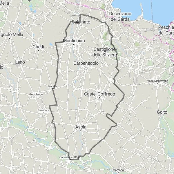 Mapa miniatúra "Výlet cez Calvisano a Monte Olivo" cyklistická inšpirácia v Lombardia, Italy. Vygenerované cyklistickým plánovačom trás Tarmacs.app