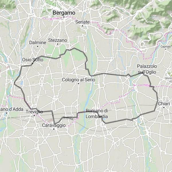 Miniatua del mapa de inspiración ciclista "Ruta en carretera a Caravaggio" en Lombardia, Italy. Generado por Tarmacs.app planificador de rutas ciclistas