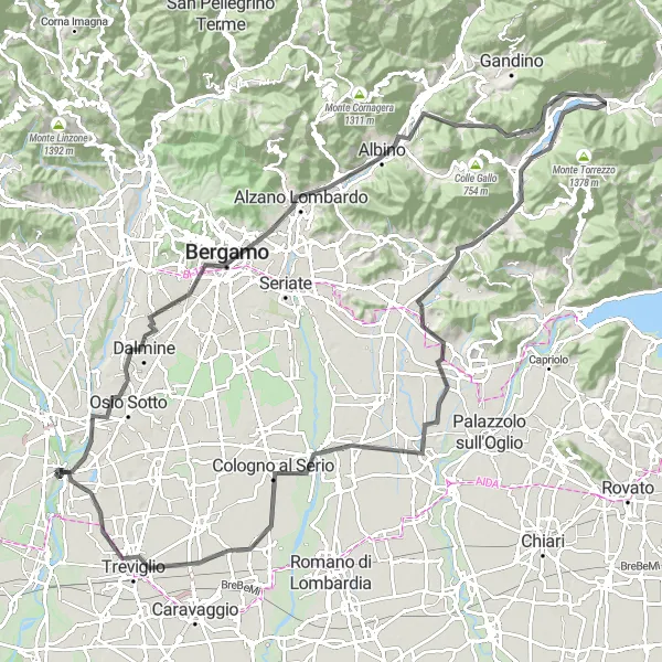 Map miniature of "Bergamo Hills Road Cycling Route" cycling inspiration in Lombardia, Italy. Generated by Tarmacs.app cycling route planner