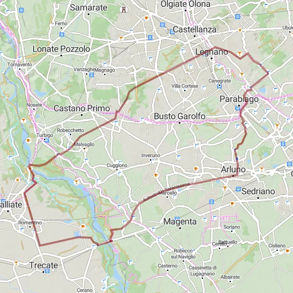 Zemljevid v pomanjšavi "Gravelna avantura okoli Lombardije" kolesarske inspiracije v Lombardia, Italy. Generirano z načrtovalcem kolesarskih poti Tarmacs.app