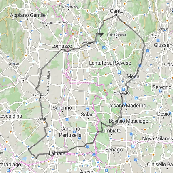 Mapa miniatúra "Výzva okolo Cantalupa" cyklistická inšpirácia v Lombardia, Italy. Vygenerované cyklistickým plánovačom trás Tarmacs.app
