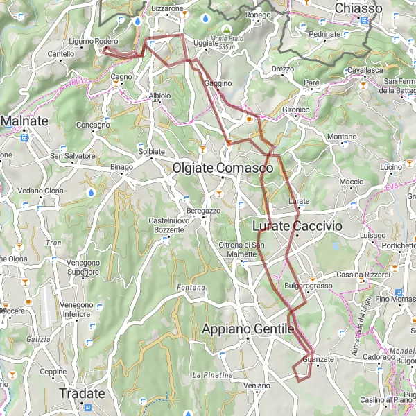 Kartminiatyr av "Landsbygd grustur til Cagno" sykkelinspirasjon i Lombardia, Italy. Generert av Tarmacs.app sykkelrutoplanlegger