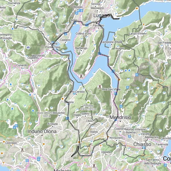 Kartminiatyr av "Sykkeltur til Luganosjøen og Monte San Salvatore" sykkelinspirasjon i Lombardia, Italy. Generert av Tarmacs.app sykkelrutoplanlegger