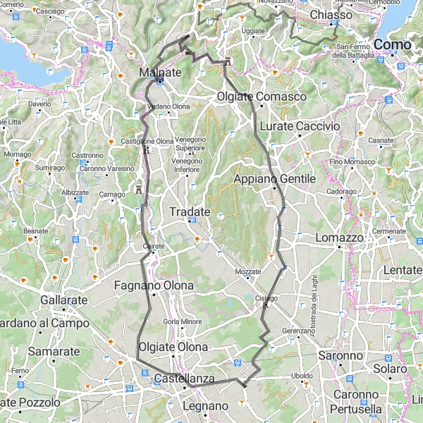 Miniatua del mapa de inspiración ciclista "Ruta Escénica de Ciclismo de Carretera desde Cantello" en Lombardia, Italy. Generado por Tarmacs.app planificador de rutas ciclistas