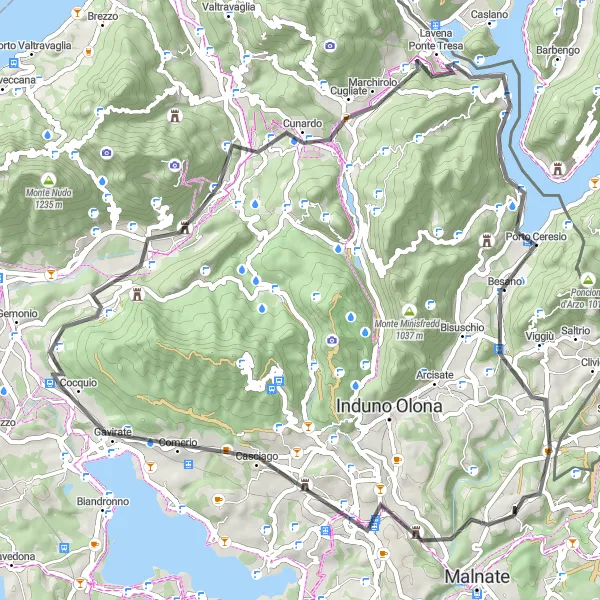 Zemljevid v pomanjšavi "Azzio to Porto Ceresio Road Cycling Adventure" kolesarske inspiracije v Lombardia, Italy. Generirano z načrtovalcem kolesarskih poti Tarmacs.app