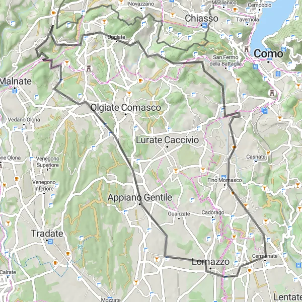 Miniatua del mapa de inspiración ciclista "Ruta de Ciclismo de Carretera desde Cantello" en Lombardia, Italy. Generado por Tarmacs.app planificador de rutas ciclistas
