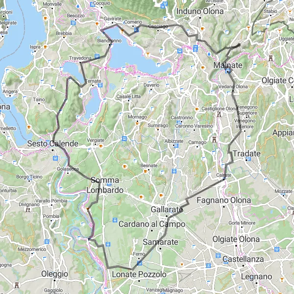 Miniatua del mapa de inspiración ciclista "Ruta de Cantello a Biandronno" en Lombardia, Italy. Generado por Tarmacs.app planificador de rutas ciclistas