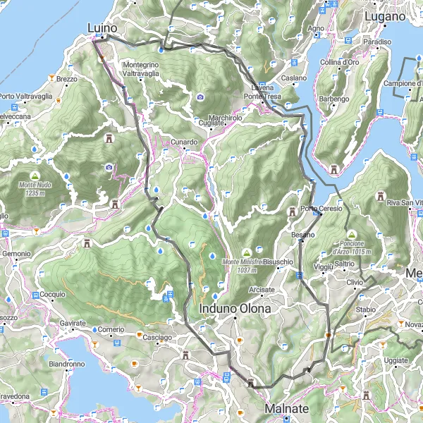 Miniatua del mapa de inspiración ciclista "Ruta de Cantello a Luino" en Lombardia, Italy. Generado por Tarmacs.app planificador de rutas ciclistas