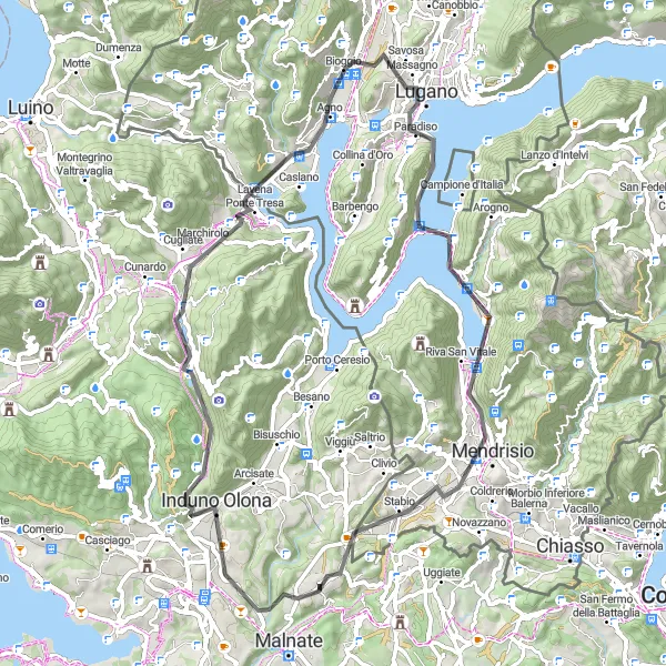Zemljevid v pomanjšavi "Cantello - Lugano Circular Road Cycling Route" kolesarske inspiracije v Lombardia, Italy. Generirano z načrtovalcem kolesarskih poti Tarmacs.app