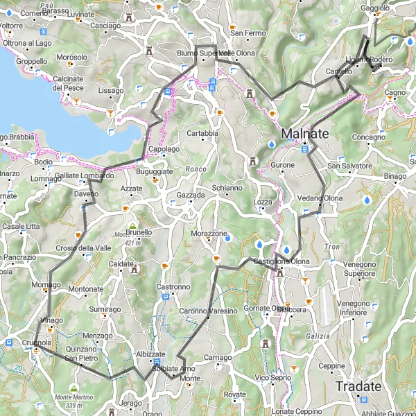 Zemljevid v pomanjšavi "Exploration of Varese and Castiglione Olona Road Cycling Loop" kolesarske inspiracije v Lombardia, Italy. Generirano z načrtovalcem kolesarskih poti Tarmacs.app