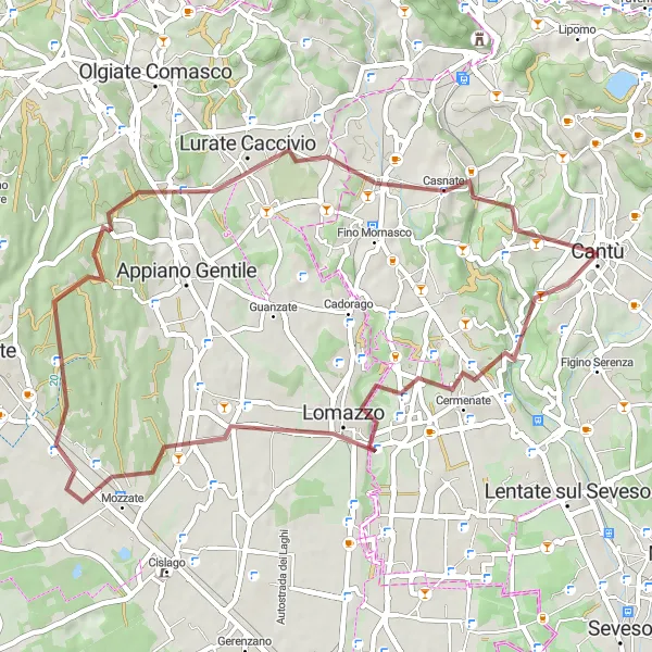 Kartminiatyr av "Grusvei rute fra Cantù til Luisago og tilbake" sykkelinspirasjon i Lombardia, Italy. Generert av Tarmacs.app sykkelrutoplanlegger