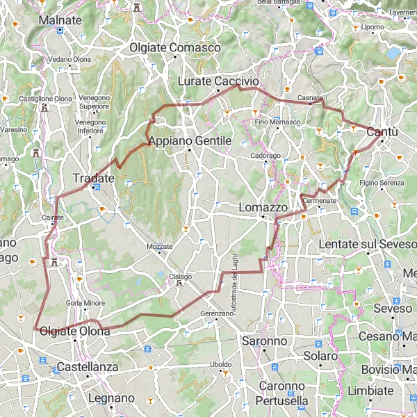 Mapa miniatúra "Gravelová trasa cez Tradate" cyklistická inšpirácia v Lombardia, Italy. Vygenerované cyklistickým plánovačom trás Tarmacs.app