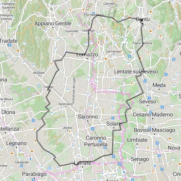 Zemljevid v pomanjšavi "Cantù - Barlassina - Rescaldina - Fenegrò - Cantù" kolesarske inspiracije v Lombardia, Italy. Generirano z načrtovalcem kolesarskih poti Tarmacs.app