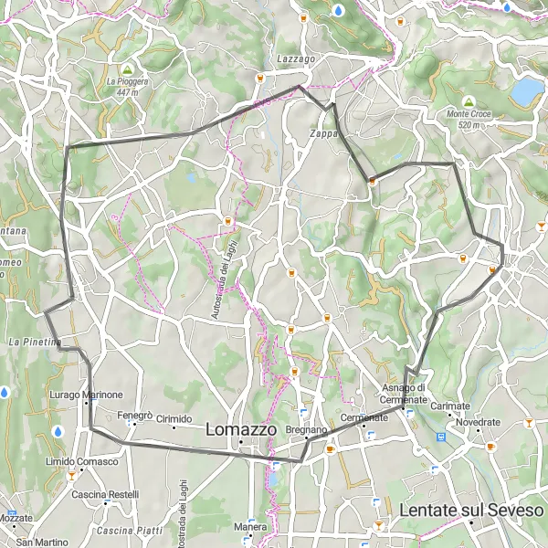 Miniatura della mappa di ispirazione al ciclismo "Tour ciclistico tra Cantù e Villa Guardia" nella regione di Lombardia, Italy. Generata da Tarmacs.app, pianificatore di rotte ciclistiche