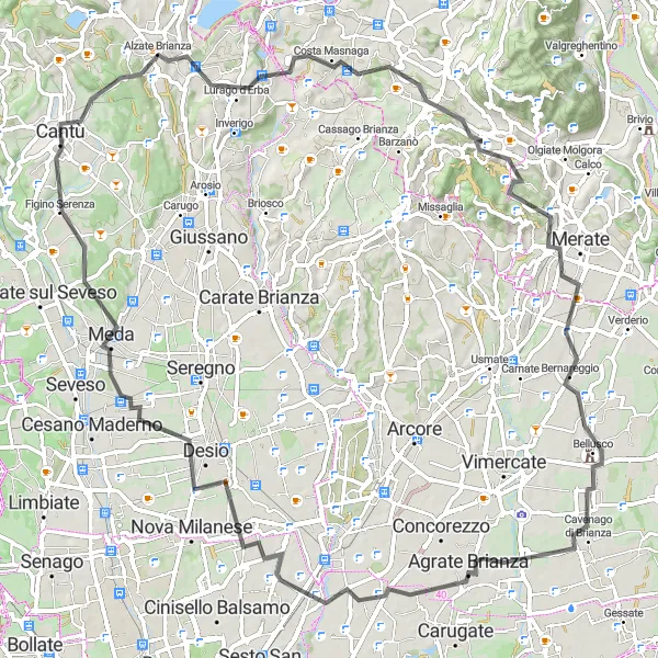 Kartminiatyr av "Landevei rute fra Cantù til Meda og tilbake" sykkelinspirasjon i Lombardia, Italy. Generert av Tarmacs.app sykkelrutoplanlegger