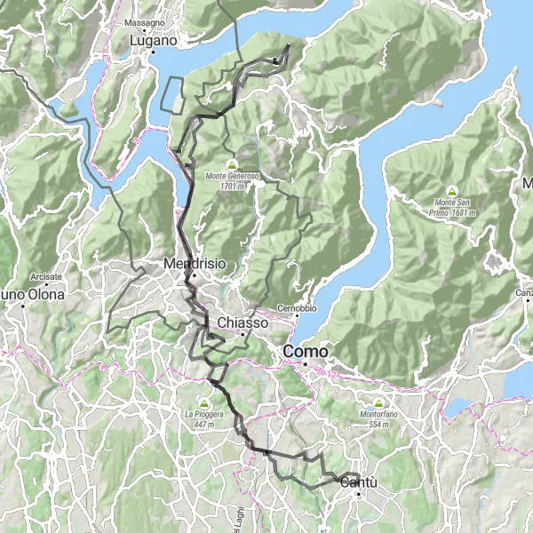 Miniature de la carte de l'inspiration cycliste "Parcours panoramique de Cantù à Lugano Bay View" dans la Lombardia, Italy. Générée par le planificateur d'itinéraire cycliste Tarmacs.app