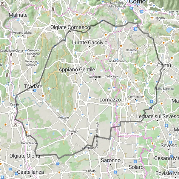 Mapa miniatúra "Okruhová cyklistická trasa cez Cantù" cyklistická inšpirácia v Lombardia, Italy. Vygenerované cyklistickým plánovačom trás Tarmacs.app