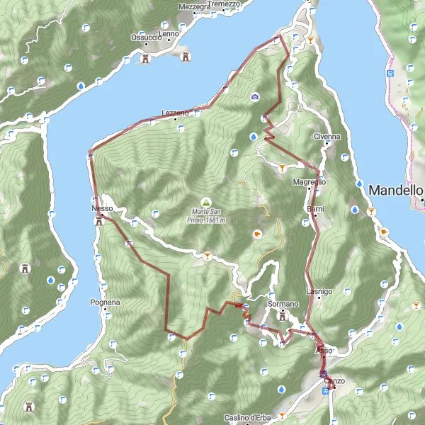 Map miniature of "Canzo - Lezzeno Gravellers" cycling inspiration in Lombardia, Italy. Generated by Tarmacs.app cycling route planner