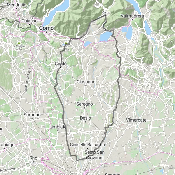 Miniaturekort af cykelinspirationen "Canzo til Cantù Loop" i Lombardia, Italy. Genereret af Tarmacs.app cykelruteplanlægger
