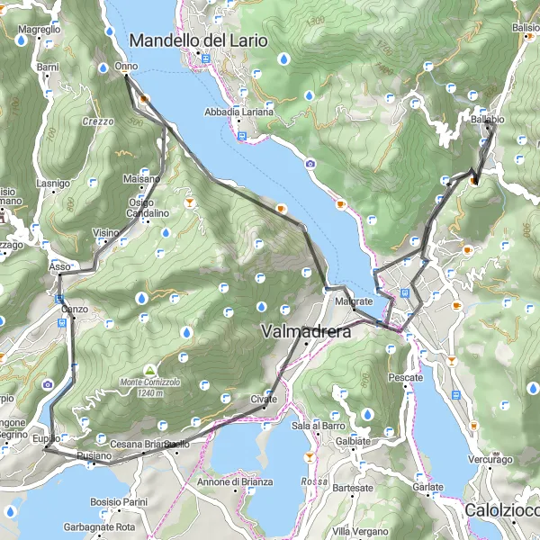 Miniaturní mapa "Cyklistická trasa Canzo - Lombardia" inspirace pro cyklisty v oblasti Lombardia, Italy. Vytvořeno pomocí plánovače tras Tarmacs.app