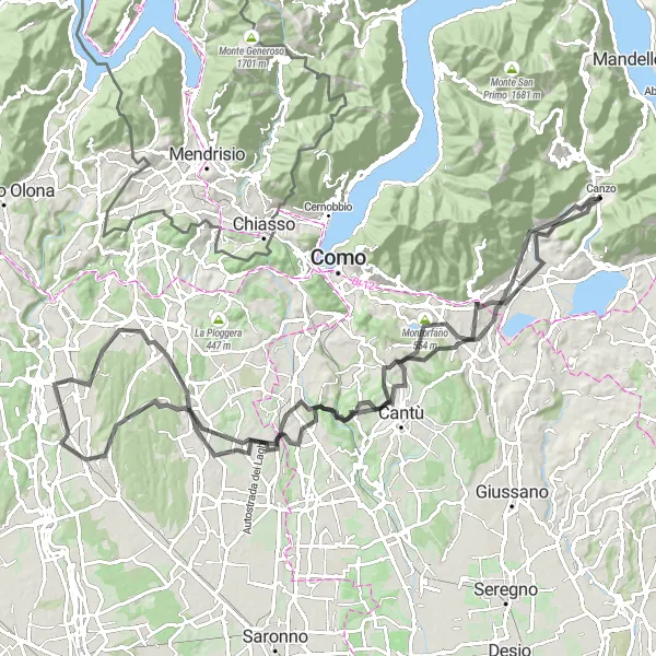 Map miniature of "Canzo - Monte Scioscia Circuit" cycling inspiration in Lombardia, Italy. Generated by Tarmacs.app cycling route planner
