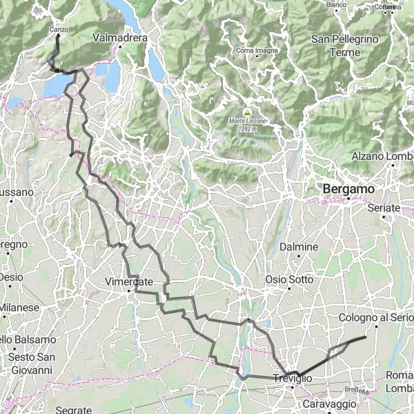 Miniatua del mapa de inspiración ciclista "Ruta panorámica de Canzo a Cassano d'Adda" en Lombardia, Italy. Generado por Tarmacs.app planificador de rutas ciclistas