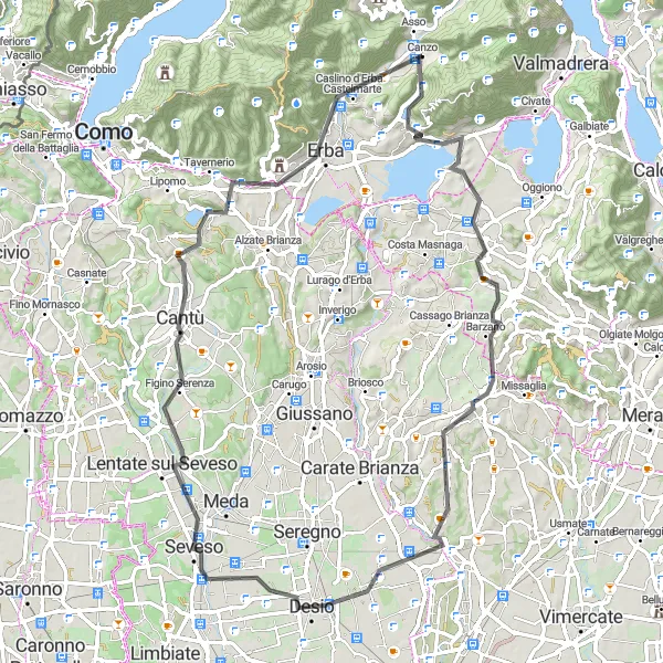 Map miniature of "Canzo - Albavilla Loop" cycling inspiration in Lombardia, Italy. Generated by Tarmacs.app cycling route planner