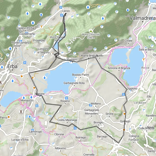 Karttaminiaatyyri "Canzo - Belvedere - Oggiono - Merone - Vista sul lago del Segrino" pyöräilyinspiraatiosta alueella Lombardia, Italy. Luotu Tarmacs.app pyöräilyreittisuunnittelijalla