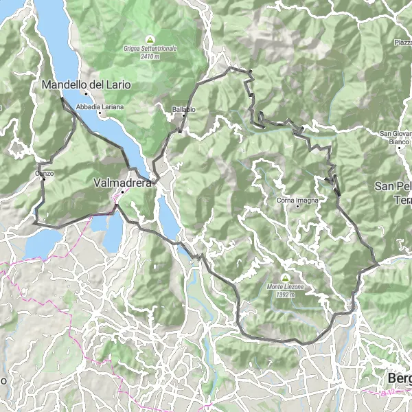 Map miniature of "Challenging Ride to Monte Melma" cycling inspiration in Lombardia, Italy. Generated by Tarmacs.app cycling route planner