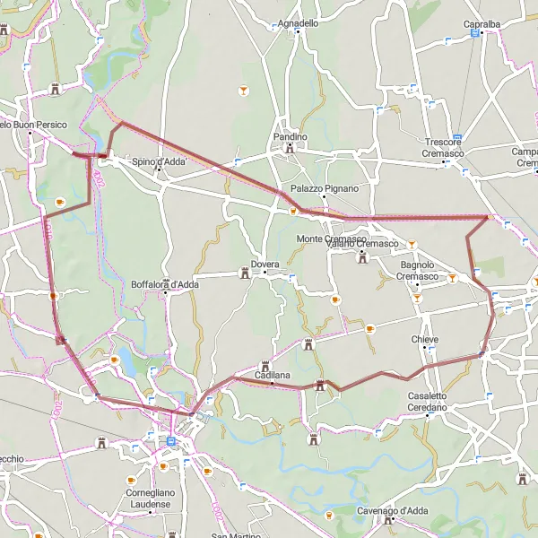 Miniatura della mappa di ispirazione al ciclismo "Giro Gravel da Capergnanica a Lodi" nella regione di Lombardia, Italy. Generata da Tarmacs.app, pianificatore di rotte ciclistiche