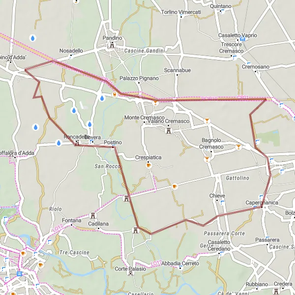 Mapa miniatúra "Gravelová trasa smerom na Dovera" cyklistická inšpirácia v Lombardia, Italy. Vygenerované cyklistickým plánovačom trás Tarmacs.app