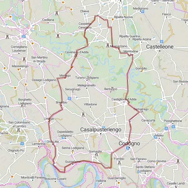 Miniaturní mapa "Gravel Route Montodine" inspirace pro cyklisty v oblasti Lombardia, Italy. Vytvořeno pomocí plánovače tras Tarmacs.app