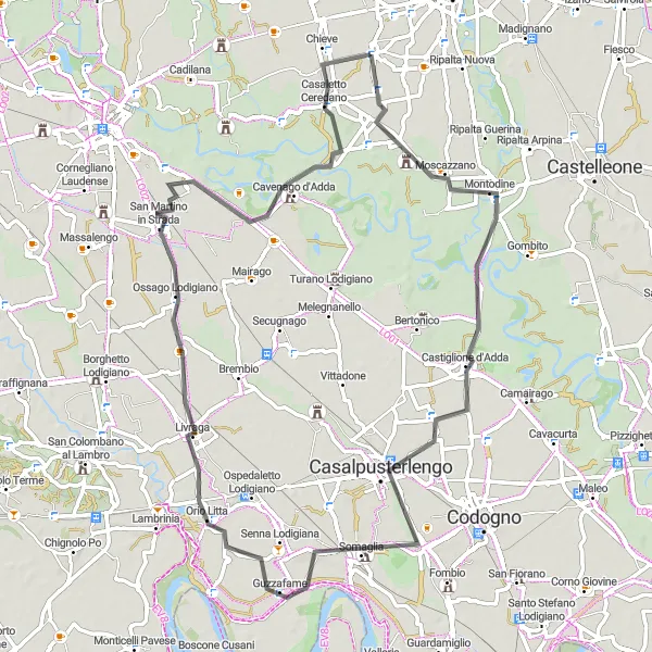 Mapa miniatúra "Cyklistická trasa cez Montodine a Orio Litta" cyklistická inšpirácia v Lombardia, Italy. Vygenerované cyklistickým plánovačom trás Tarmacs.app