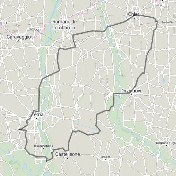 Miniatura della mappa di ispirazione al ciclismo "Tour Panoramico da Crema a Moscazzano" nella regione di Lombardia, Italy. Generata da Tarmacs.app, pianificatore di rotte ciclistiche