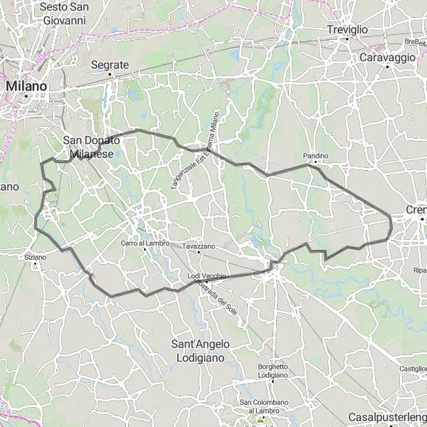 Miniatura della mappa di ispirazione al ciclismo "Tour ciclistico da Lodi a Capergnanica" nella regione di Lombardia, Italy. Generata da Tarmacs.app, pianificatore di rotte ciclistiche