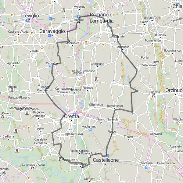 Mapa miniatúra "Cyklistická trasa okolo Capergnanica" cyklistická inšpirácia v Lombardia, Italy. Vygenerované cyklistickým plánovačom trás Tarmacs.app