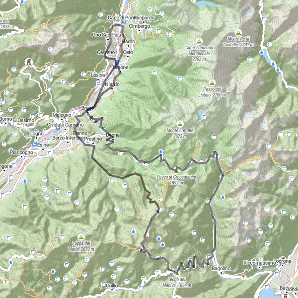 Karttaminiaatyyri "Haastava maantiekiertue kohti Passo di Crocedominia" pyöräilyinspiraatiosta alueella Lombardia, Italy. Luotu Tarmacs.app pyöräilyreittisuunnittelijalla