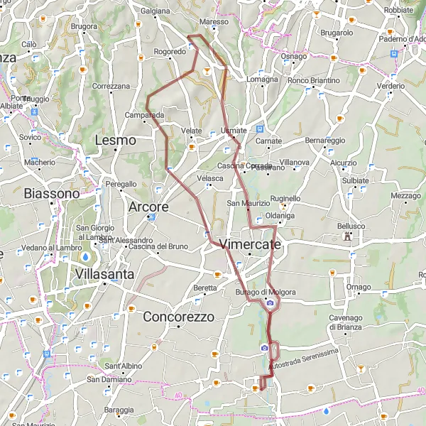 Miniature de la carte de l'inspiration cycliste "Parcours gravier Caponago - Vimercate" dans la Lombardia, Italy. Générée par le planificateur d'itinéraire cycliste Tarmacs.app