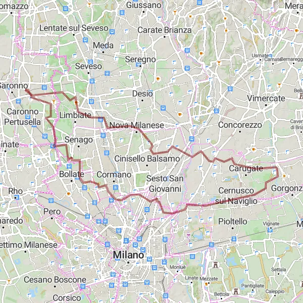 Miniaturní mapa "Gravelová cyklistická trasa kolem Nové Milanese" inspirace pro cyklisty v oblasti Lombardia, Italy. Vytvořeno pomocí plánovače tras Tarmacs.app