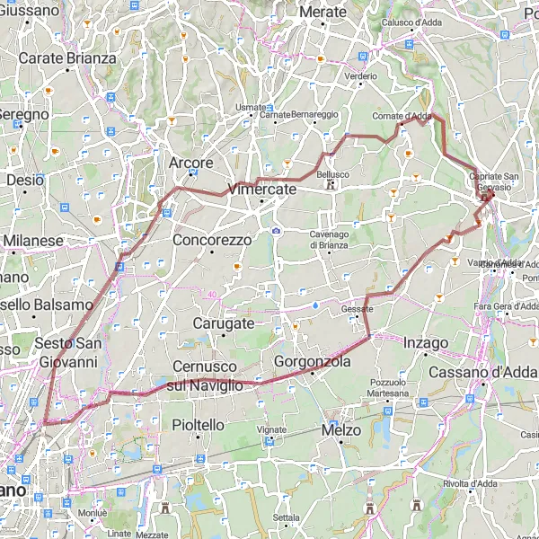 Kartminiatyr av "Grusväg till Trezzo sull'Adda" cykelinspiration i Lombardia, Italy. Genererad av Tarmacs.app cykelruttplanerare