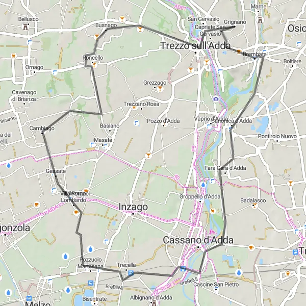 Miniatua del mapa de inspiración ciclista "Ruta en bicicleta de carretera a Cassano d'Adda" en Lombardia, Italy. Generado por Tarmacs.app planificador de rutas ciclistas