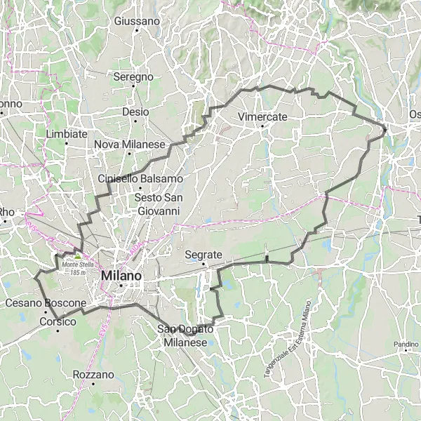 Miniatua del mapa de inspiración ciclista "Ruta en bicicleta de carretera a Monza y Bellinzago Lombardo" en Lombardia, Italy. Generado por Tarmacs.app planificador de rutas ciclistas