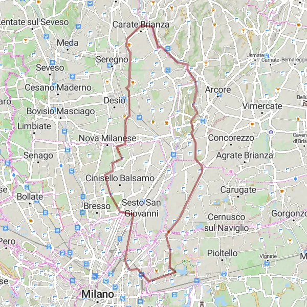 Mapa miniatúra "Gravel Around Carate Brianza" cyklistická inšpirácia v Lombardia, Italy. Vygenerované cyklistickým plánovačom trás Tarmacs.app