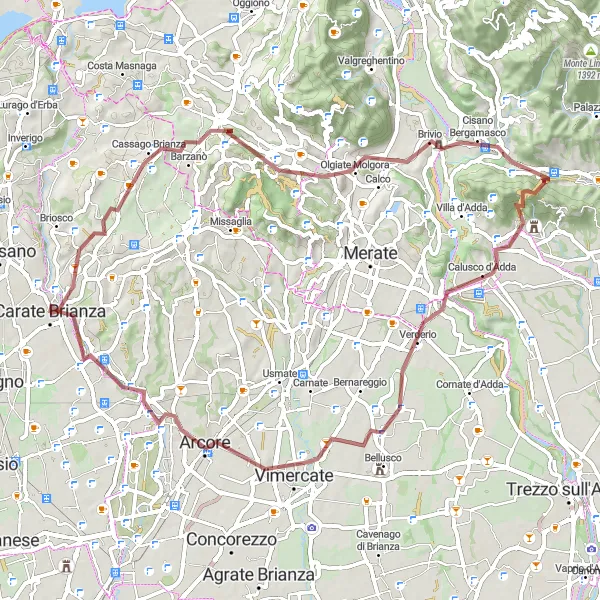 Map miniature of "The Challenging Gravel Expedition: Carate Brianza to Arcore" cycling inspiration in Lombardia, Italy. Generated by Tarmacs.app cycling route planner